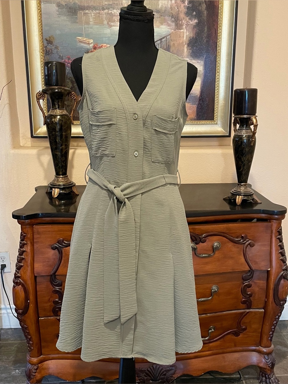 DKNY Sleeveless V-Neck Belted Dress in Sage Green